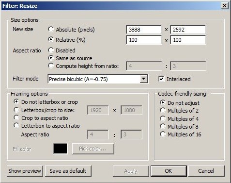Configuration du filtre resize du logiciel Virtualdub