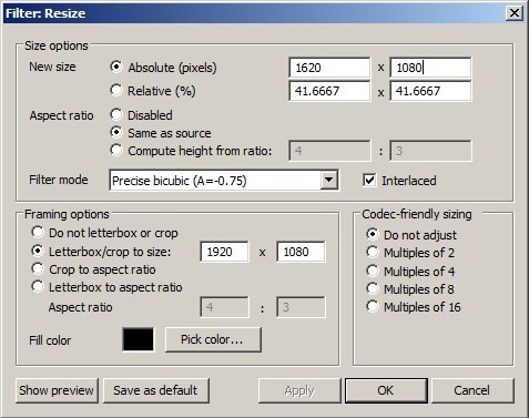 Configuration du filtre resize en mode Full HD du logiciel Virtualdub